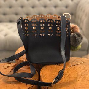 Stella & Dot navy blue Marin bucket bag with pom pom bag charm